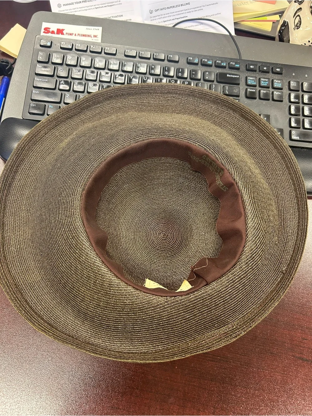 Betmar Brown Wide-Brim Straw Sun Hat with Ribbon and Bead Accent